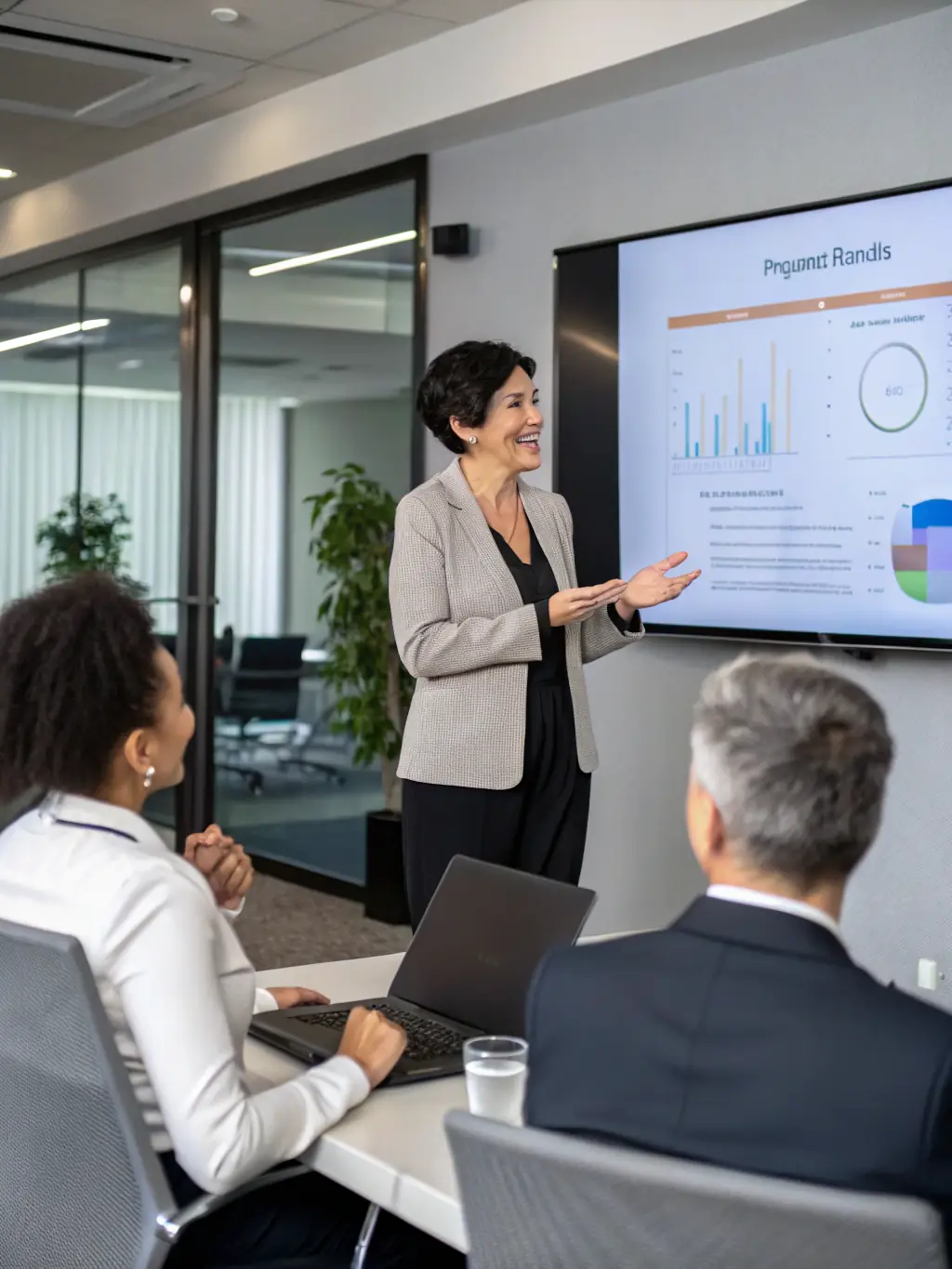 A confident UK business leader presenting a successful project to their team, showcasing leadership and achievement.