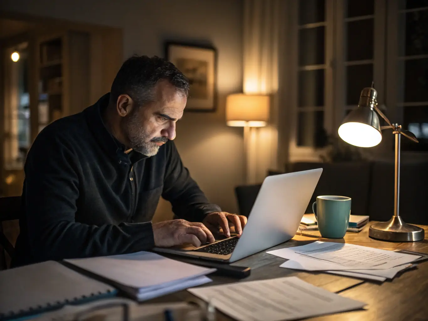 A determined UK entrepreneur working late in their home office, reviewing financial reports and planning for future growth.