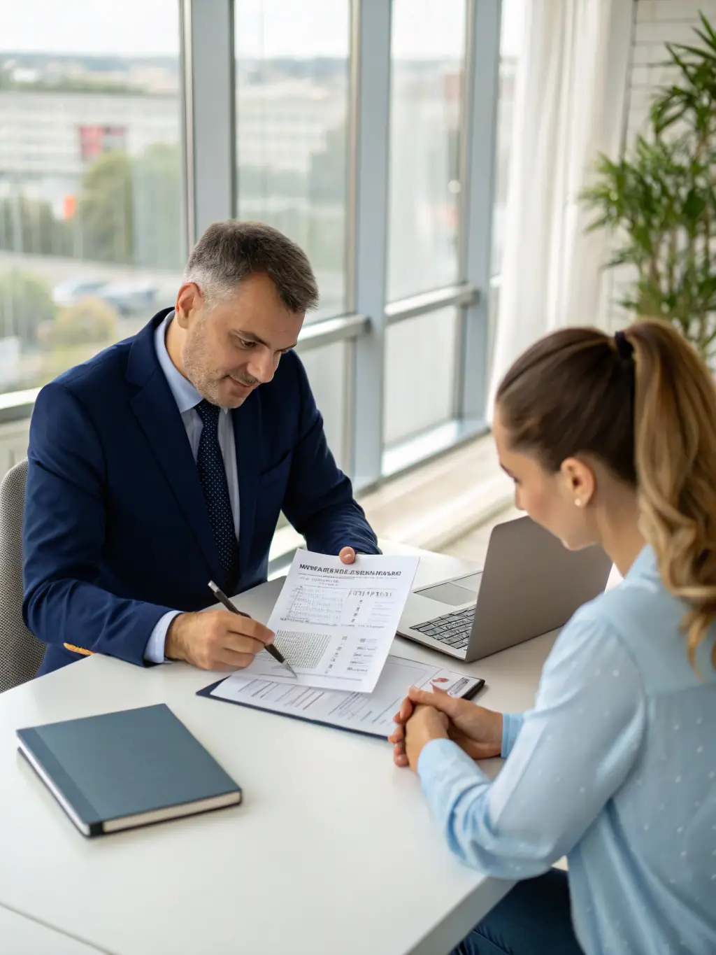 A UK business owner reviewing financial reports with a coach, illustrating financial acumen and strategic decision-making.