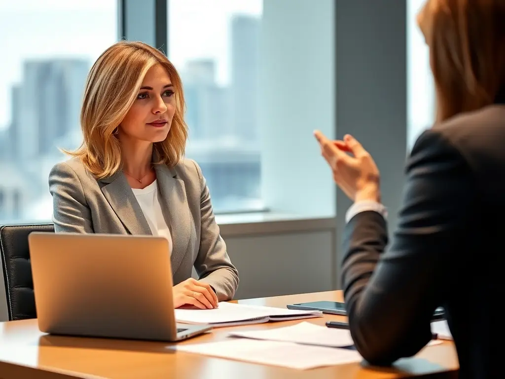 A professional UK business leader in a modern office setting, engaged in a coaching session, discussing strategic goals and innovative solutions with a coach.