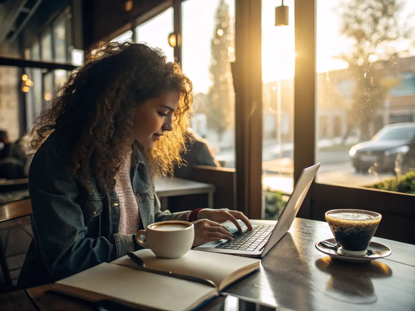 A UK entrepreneur working on a laptop in a stylish cafe, receiving guidance and support from a business coach to develop a business plan and achieve entrepreneurial success.