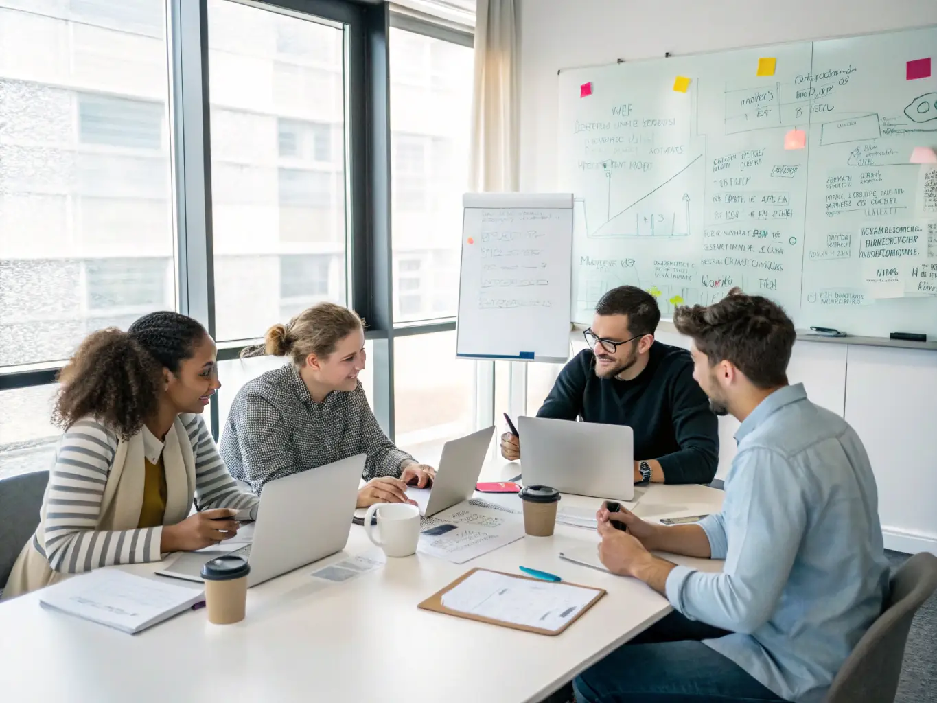 A dynamic team of UK business professionals collaborating in a modern co-working space, brainstorming ideas and developing innovative strategies under the guidance of a business coach.